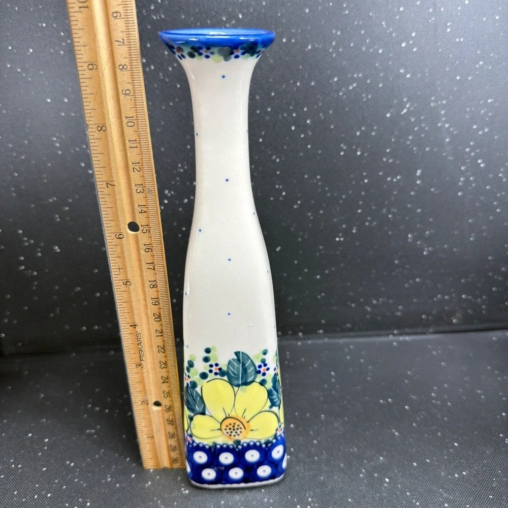 Boleslawiec Polish Pottery Bud Vase Monika J Signed Yellow Floral Blue 9.5in